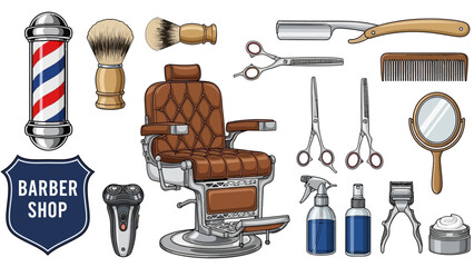 Barber shop equipment and chair on white background with various grooming tools