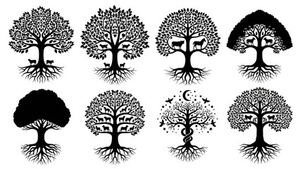 A collection of eight trees with varying foliage and root systems illustrated in a simple black and white style © charli
