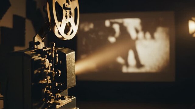 Vintage film projector showing a movie with light beam and motion picture shadows on white screen for retro cinema