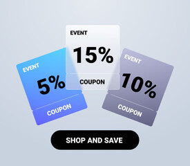 Three event coupons template with 5%, 10%, 15% off. Discount element mockup