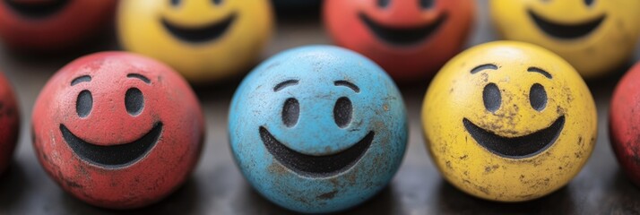 Collection of multi-colored smiley faces against neutral background.