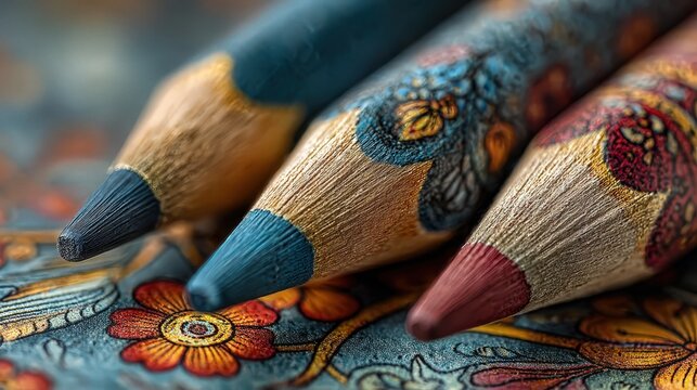 Close up of ornate colorful pencils on flower pattern with open coloring book beside, in high quality