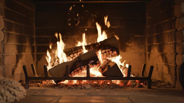 Fire burning in a brick fireplace