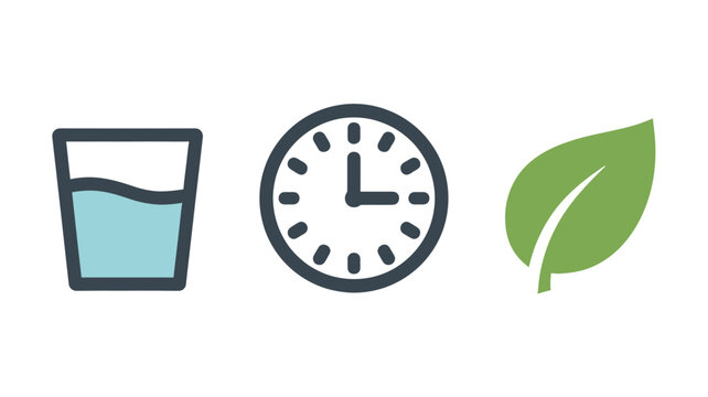 Hydration Reminder with Glass of Water, Clock, and Green Leaf in Simple Flat Design for Health and Wellness