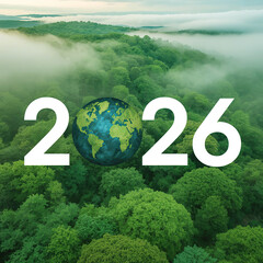 The year 2026 and planet earth over lush green forest landscape with fog