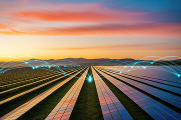 Solar panel farm illuminated by sunset with glowing network connections