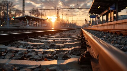 Golden hour bathes empty railway platform in warm light, sunset shines on tracks at train station, creating vibrant reflections