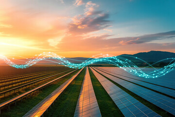 Solar farm at sunset with glowing digital network overlay