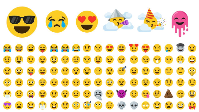 A diverse collection of emojis and emoticons displayed on a clean white background.