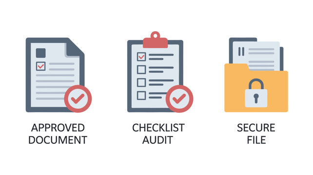 Secure documents and files checklist with approved stamp in flat design on white background for office use