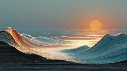 Abstract golden hour sunset paints wave forms across rustic wooden planks, scattering gold specks across surface