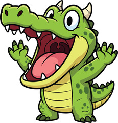 Fototapeta premium Cartoon green alligator with open mouth, expressive eyes, yellow belly, playful pose, kids theme - flat vector illustration
