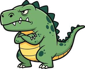 Fototapeta premium Cartoon green dinosaur with crossed arms, annoyed expression, yellow belly, spikes, humorous character design - flat vector illustration