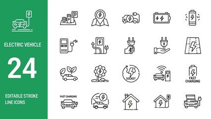Collection of electric vehicle icons in a grid layout on a white background with a green sidebar