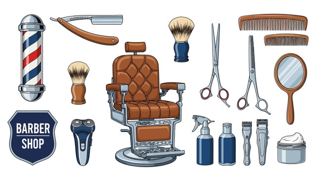 Barber equipment and tools arranged around a barber chair in a shop setting