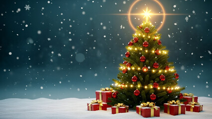 Naklejka premium Magical Christmas Tree with Glowing Star Red Ornaments Lights and Gifts in Snowy Night Scene Holiday Background
