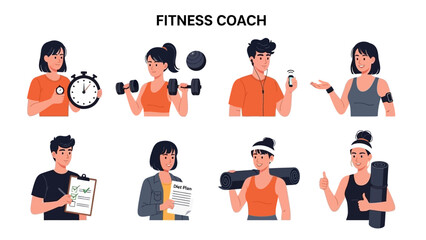 Fitness Coach Guiding Clients Through Exercise Routines in a Modern Gym Setting from a Front View Perspective