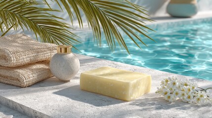 Creamy bar soap mockup displayed on stone near pool water in sunlight