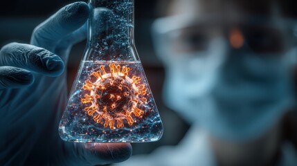 Female scientist examines glowing virus sample in flask, with medical research hologram displaying in modern laboratory setting