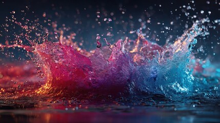 Dynamic burst of liquid illuminated by vibrant pink and blue light creates stunning splash effect for high quality abstract scene