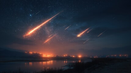 Vibrant meteor shower streaks across the night sky above a reflective lake and distant city lights, creating a beautiful celestial display