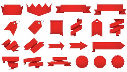 Collection of red graphic elements on a white background, featuring various shapes and symbols, viewed from a straightforward perspective