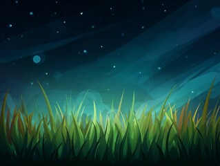 Simple illustration of night time with stars shining in the dark blue sky and green grass background for web or mobile apps