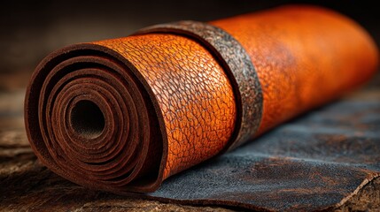 Rolled orange leather sheet secured by band resting on a rustic wooden surface, showcasing detailed texture and craftsmanship