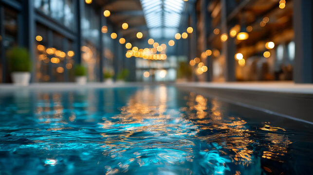 Luxurious indoor pool in modern industrial-style building, defocused warehouse natatorium, factory conversion aquatic facility, urban swimming space, converted loft pool area, with