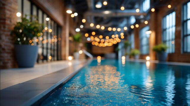 Luxurious indoor pool in modern industrial-style building, defocused warehouse natatorium, factory conversion aquatic facility, urban swimming space, converted loft pool area, with