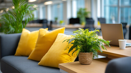 Modern open plan office interior with coworking space communal area and natural light, great for startups freelancers and remote workers, defocused collaborative workspace, with co