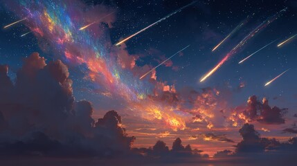 Vibrant meteor shower streaks across the night sky above a reflective lake and distant city lights, creating a beautiful celestial display