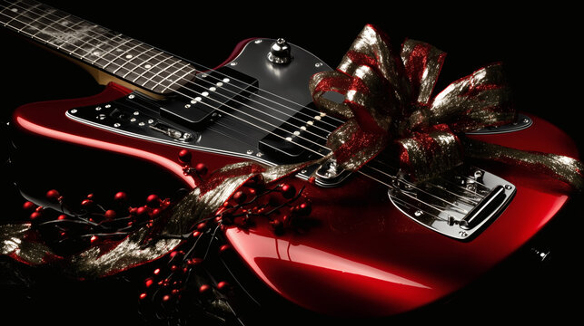 Red Electric Guitar with Festive Bow on Black Background,