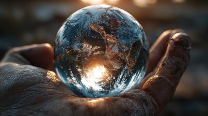 Holding world in hand showcasing forest and sustainability as nature is represented within crystal globe