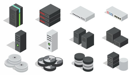 Isometric collection of data center equipment, network servers, hardware components, and cloud computing infrastructure icons for modern technology and IT solutions