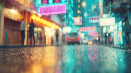 City street at night with neon lights and rain reflecting on pavement