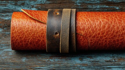 Rolled orange leather sheet secured by band resting on a rustic wooden surface, showcasing detailed texture and craftsmanship