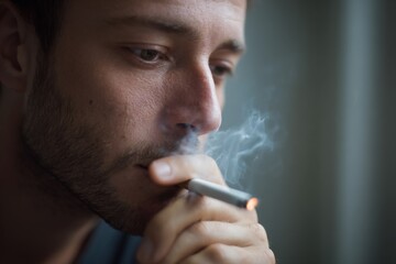 Young caucasian male smoking indoors with contemplative expression