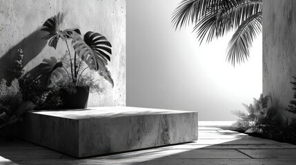 Three tiered concrete podium display with tropical palm leaves against a textured wall and natural soft lighting