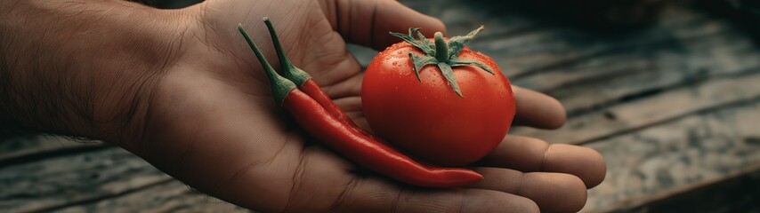 Hand Holding Tomato and Chili