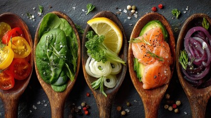 Assortment of gourmet salads served in wooden spoons on a dark slate board with herbs, spices, and various ingredients in a high quality mirostock presentation