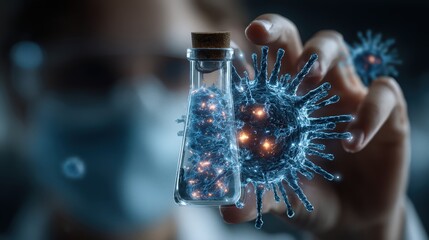 Female scientist examines glowing virus sample in flask, with medical research hologram displaying in modern laboratory setting