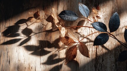 Dried autumn leaves and their shadows cast upon weathered grey wooden boards creating a textured and natural background pattern