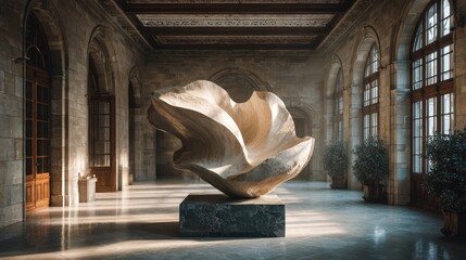 Modern stone sculpture contrasts with historic building interior and arched doorways during the daytime in a hall with plants
