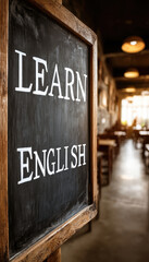 Vertical Chalkboard with "Learn English" in Classroom Setting