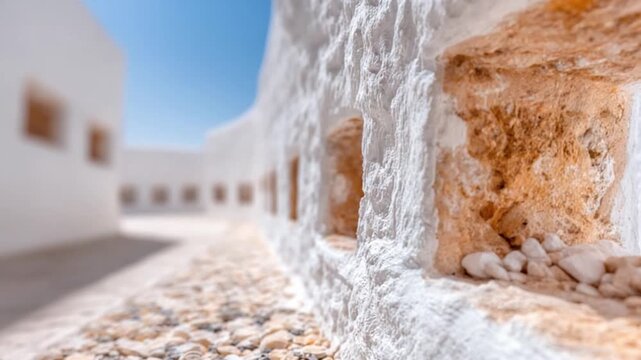 Architectural Harmony in Sunlight: A low-angle shot captures the elegance of traditional architecture, with textured walls punctuated by small, rectangular openings. Bathed in sunlight.