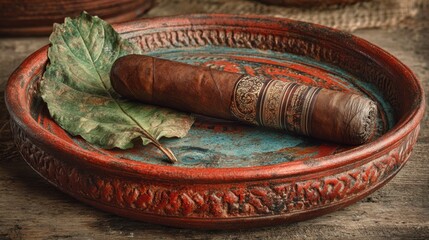 Rustic cigar resting on a weathered terracotta plate with tobacco leaves next to a small bowl in a dark, atmospheric setting