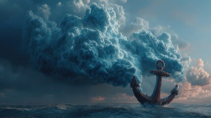 Abstract surreal scene depicting an anchor gradually transforming into ethereal clouds above a turbulent ocean at twilight