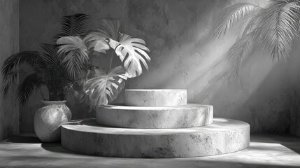 Three tiered concrete podium display with tropical palm leaves against a textured wall and natural soft lighting