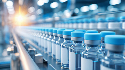 Obraz premium Production line with medicine vials filled with liquid on a conveyor belt